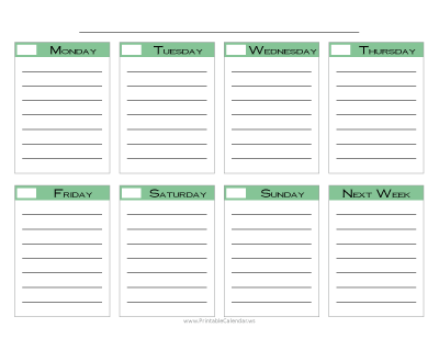 Blank Weekly Calendar Style Two - Green with Cobalt Font