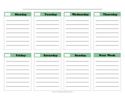 Blank Weekly Calendar Style Two - Green with Cooper Font