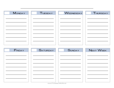 Blank Weekly Calendar Style Two - Blue with Cobalt Font