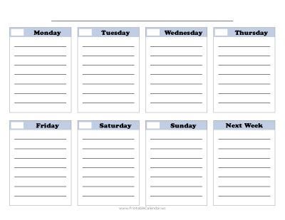 Blank Weekly Calendar Style Two - Blue with Cooper Font