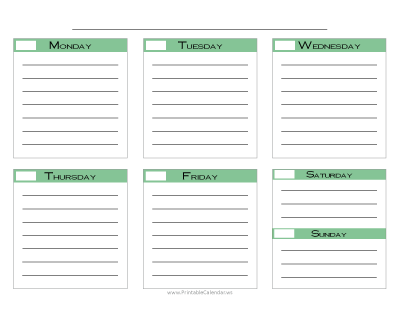 Blank Weekly Calendar - Green with Cobalt Font