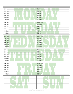 Blank Weekly Calendar Style Three - Green