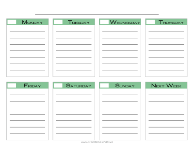 Blank Weekly Calendar Style Two — Green with Cobalt Font preview