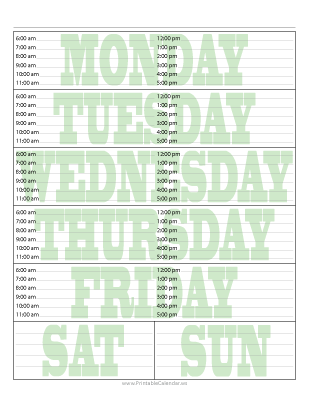 Blank Weekly Calendar Style Three Green preview