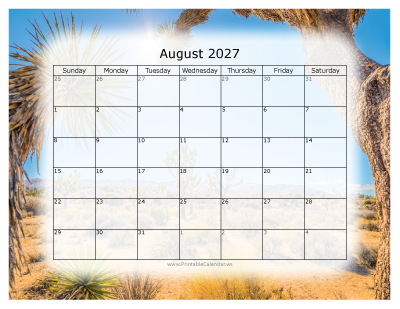 Colorful printable calendar August 2027