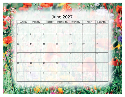 Colorful printable calendar June 2027