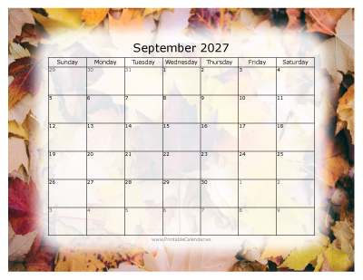 Colorful printable calendar September 2027