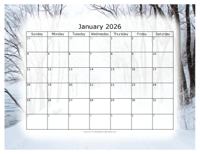 Colorful printable calendar January 2026 — winter frost background